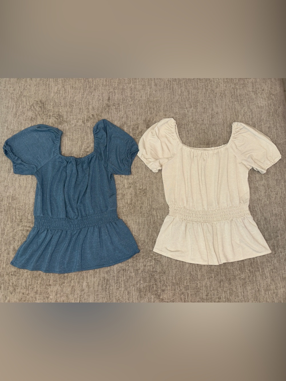 NWOT LC Smocked Puff Sleeve Top - Blue and Cream with metallic stripes Set of 2